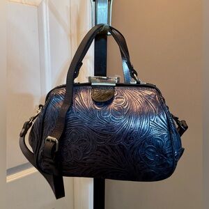 Patricia Nash Tooled Leather Satchel Navy/Pewter Metallica Tabasco Fields NWT